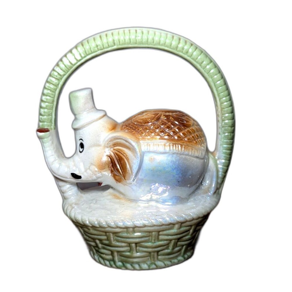 Lusterware Circus Elephant in Basket Mid-Century Porcelain #1906 Brazil Vintage